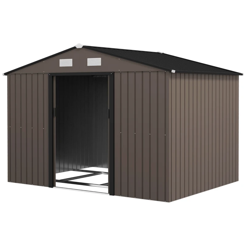 Outsunny Casetta da Giardino con 4 Prese d'Aria e 2 Porte Scorrevoli in Acciaio, 277x195x192 cm, Marrone