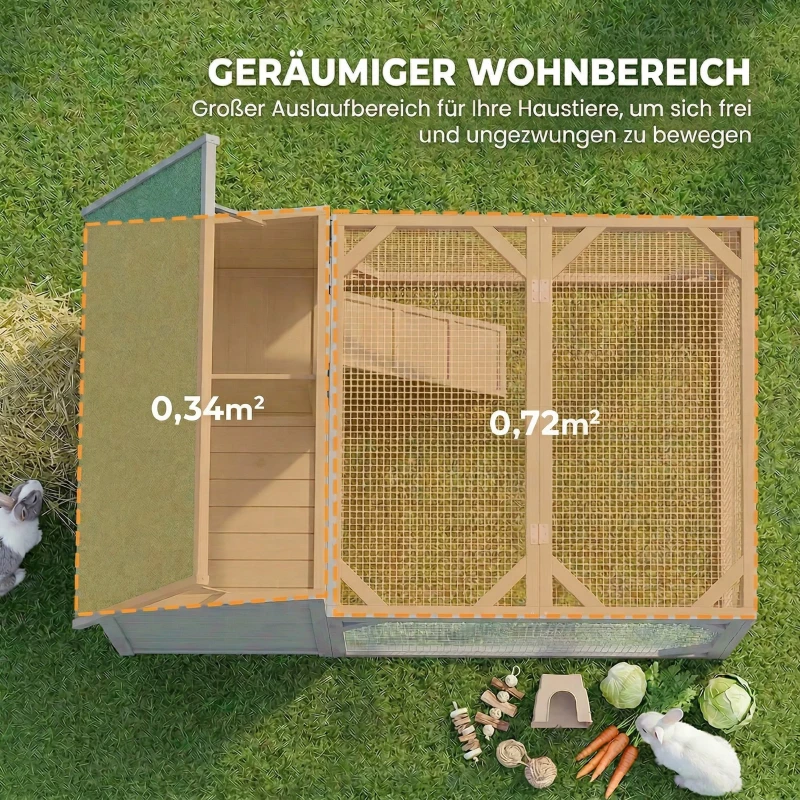 PawHut Konijnenhok Konijnenstal hout konijnenkooi met opklapbaar bitumendak, ren, deuren 125,5x100x49 cm Grijs