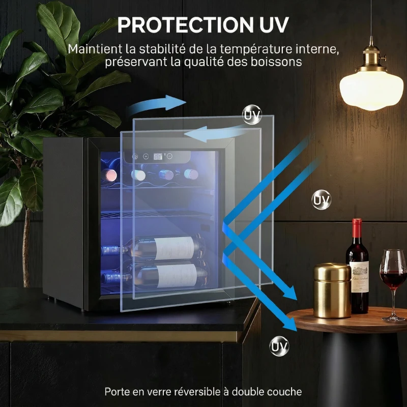 HOMCOM Cave à vin 12 bouteilles 36L, réfrigérateur à vin et boissons avec température réglable 4-16 °C, porte réversible, noir