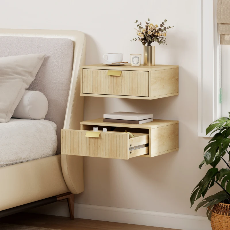 HOMCOM Modern Floating Nightstands Set of 2, Wall Mounted Bedside Tables with Wave Drawer Oak