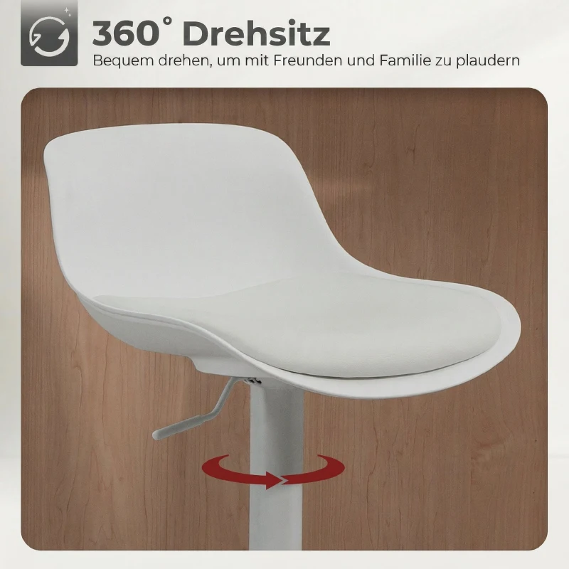 HOMCOM Lot de 2 Tabourets de Bar, Tabourets Hauts avec Siège Pivotant et Hauteur Réglable, Chaises de Bar en Cuir PU avec Dossier pour Îlot de Cuisine, Salle à Manger, Blanc