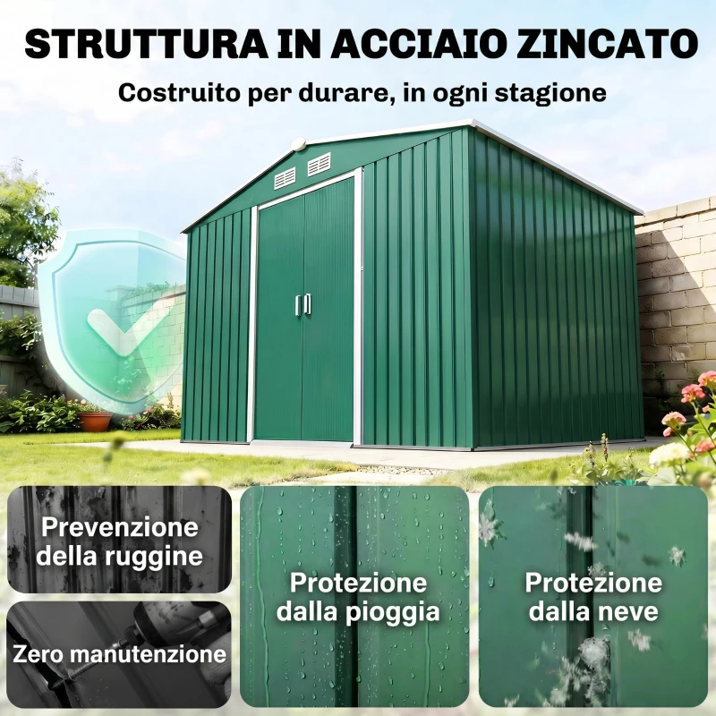 Outsunny Casetta da Giardino 4.9 m² con Fondazione, 4 Prese d'Aria e 2 Porte Scorrevoli, Capanno Porta Attrezzi in Lamiera d'Acciaio, 277x195x192 cm, Verde Scuro