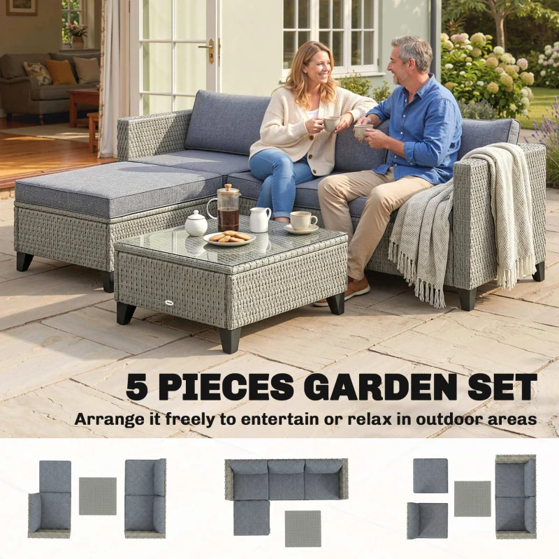 Outsunny 5-Piece Rattan Patio Furniture Set with Corner Sofa, Footstools, Coffee Table, for Poolside, Dark Grey