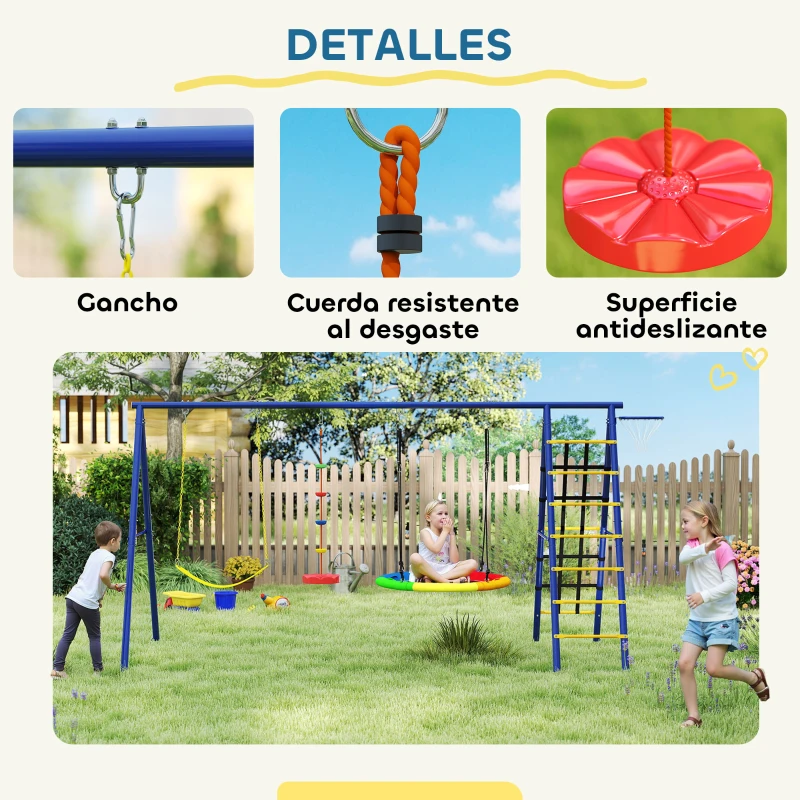AIYAPLAY Conjunto de Columpios 6 en 1 para Niños con Nido Escalera Red para Escalar Canasta 350x183x200 cm Multicolor