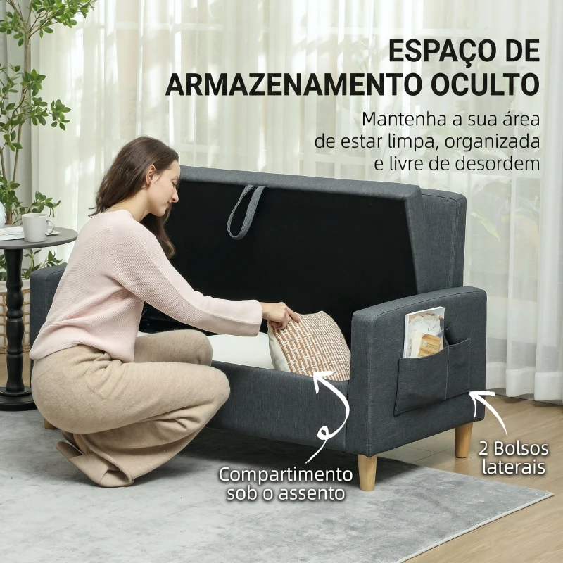 HOMCOM Sofá 2 Lugares Estofado em Linho Sintético com 2 Almofadas Espaço de Armazenamento Bolsos Laterais 135x71x84 cm Cinza Escuro