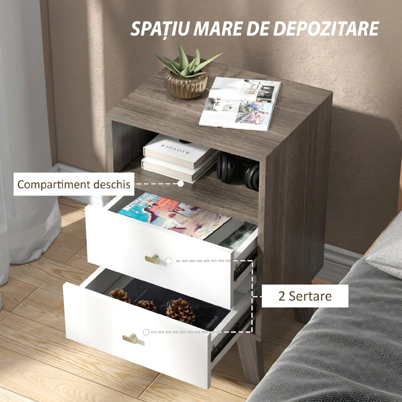 HOMCOM Set de 2 noptiere moderne pentru dormitor cu 2 sertare și spațiu deschis, 40x34x64cm, gri