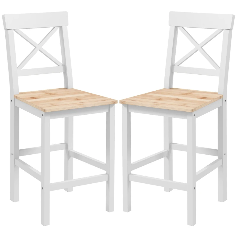 HOMCOM Set di 2 Sgabelli Bar, Sgabelli Cucina Alti con Schienale Alto, Poggiapiedi, in Legno di Pino, Naturale e Bianco