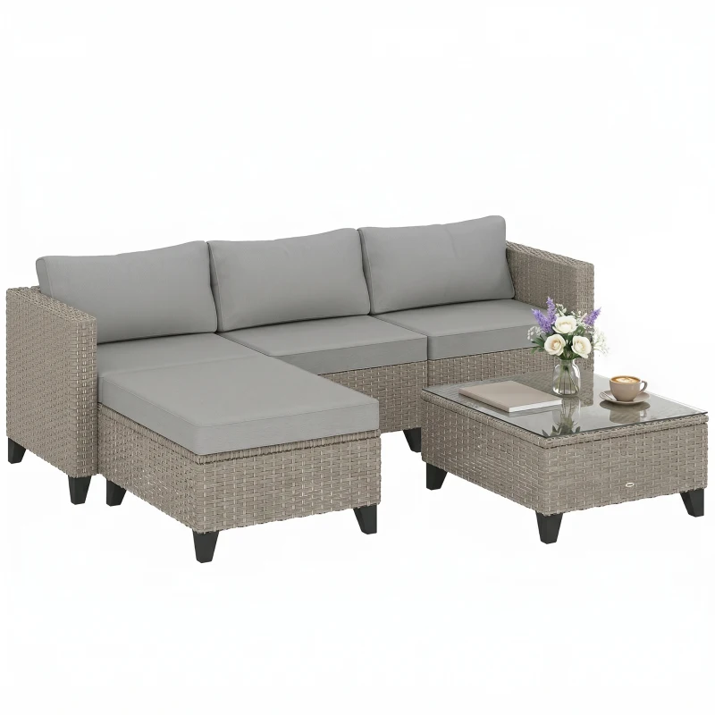 Outsunny 5-Piece Rattan Patio Furniture Set with Corner Sofa, Footstools, Coffee Table, for Poolside, Brown