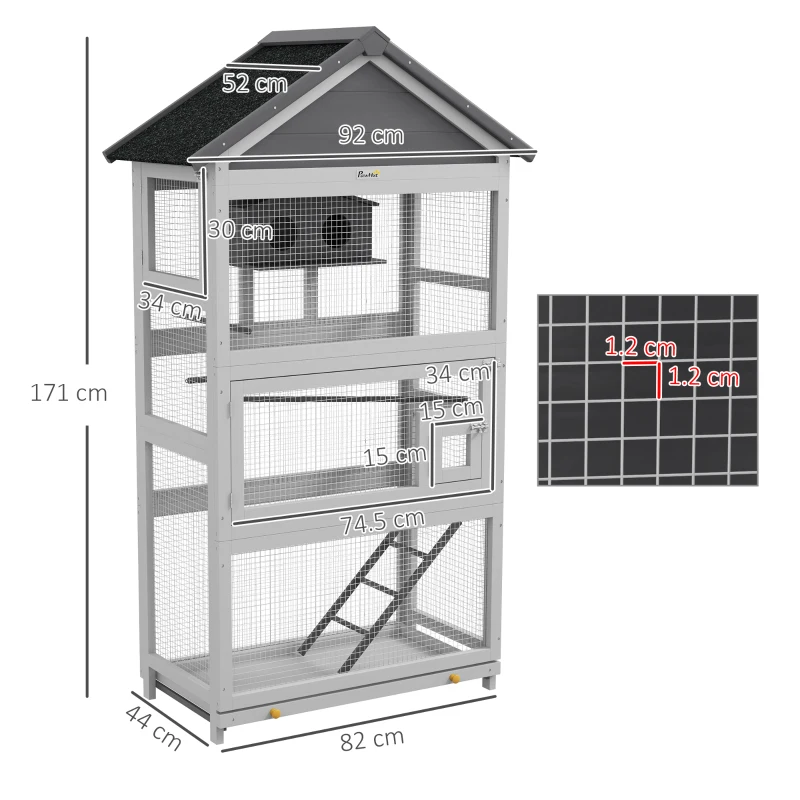 PawHut Voliera per Uccellini a 3 Porte con Casetta e Vassoio, in Legno e Metallo, 92x52x171 cm, Grigia e Nera