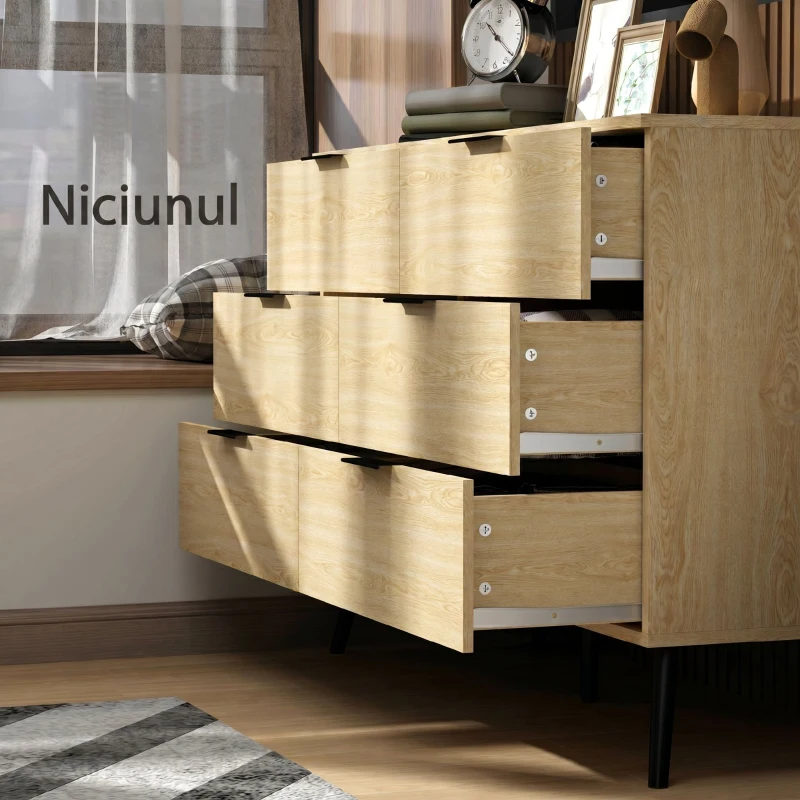 HOMCOM Comodă cu 6 sertare din lemn pentru dormitor și hol, 110x40x75cm, stejar