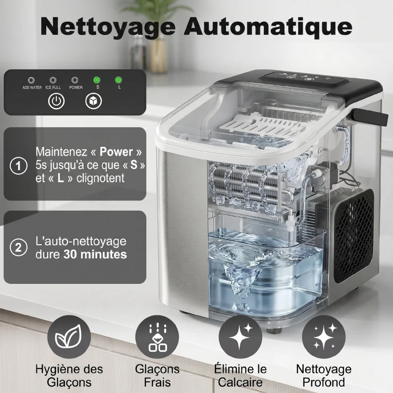 HOMCOM Machine à glaçons, 12kg en 24h, 9 glaçons en 7 minutes, ice maker portable avec fonction autonettoyante, argent