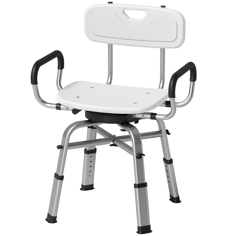 HOMCOM Scaun pentru Duș Rotativ cu Înălțime Reglabilă cu Brațe, Spătar, Capacitate 150 kg, Alb