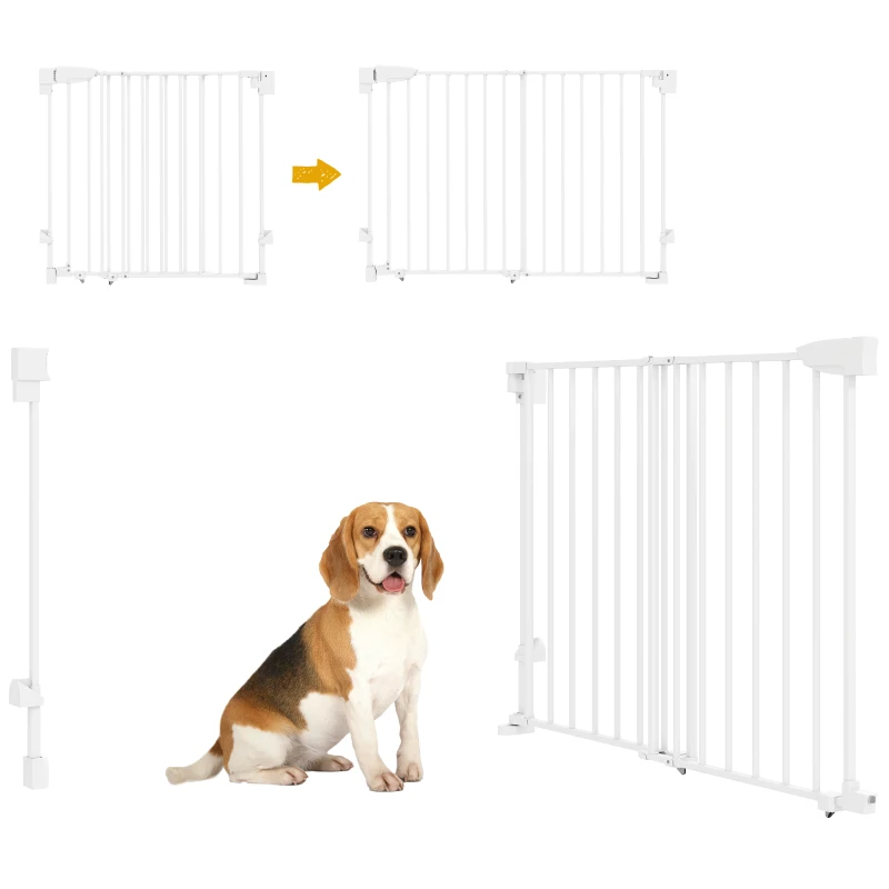 PawHut Cancelletto di Sicurezza per Cani, 74.5-111.5x74.5 cm, Scale, Chiusura Automatica, Apertura con Una Mano, Bianco