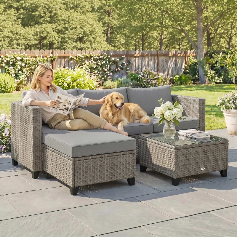 Outsunny 5-Piece Rattan Patio Furniture Set with Corner Sofa, Footstools, Coffee Table, for Poolside, Brown