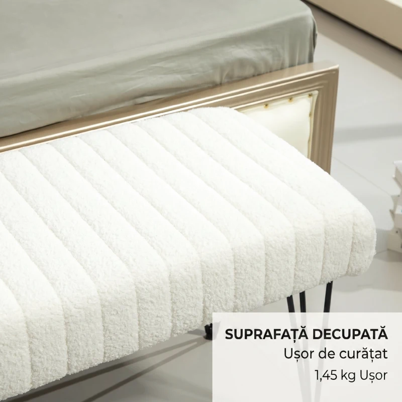 HOMCOM Bancă modernă pentru capătul patului cu picioare tip agrafă, din material textil cu efect de catifea, lemn și metal, 118,5x46x49,5 cm, crem