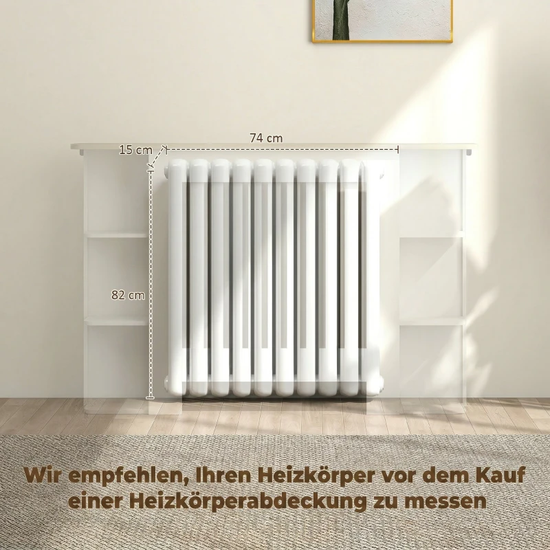HOMCOM Cache-radiateur avec étagères de rangement ouvertes, couvercle de radiateur en bois à lattes, 124x19x83cm, blanc