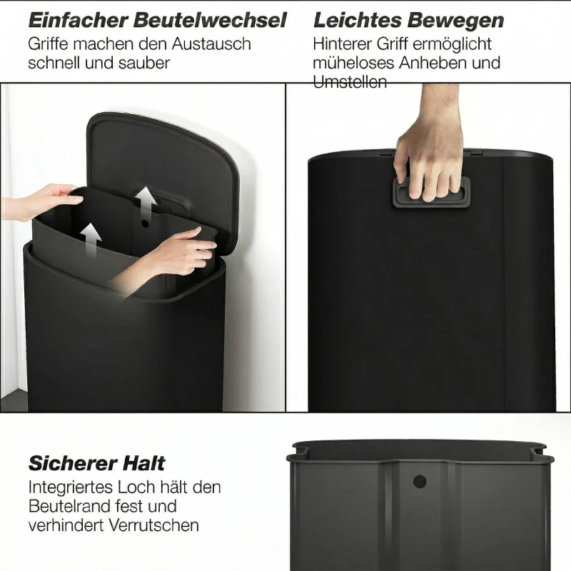 HOMCOM Mülleimer Küche 50 Liter Treteimer mit Bleib-Offen-Funktion, Soft-Close-Deckel, Pedal, Schwarz