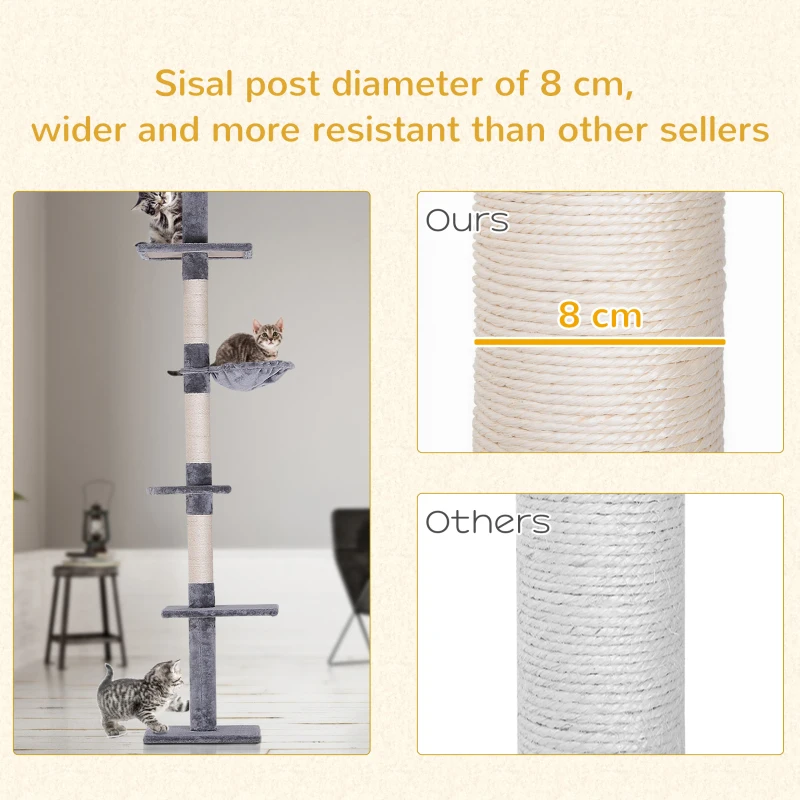 PawHut Copac pentru zgâriat cu 4 niveluri, înălțime reglabilă, din PAL, pluș și sisal, 40x34x230-260 cm, gri
