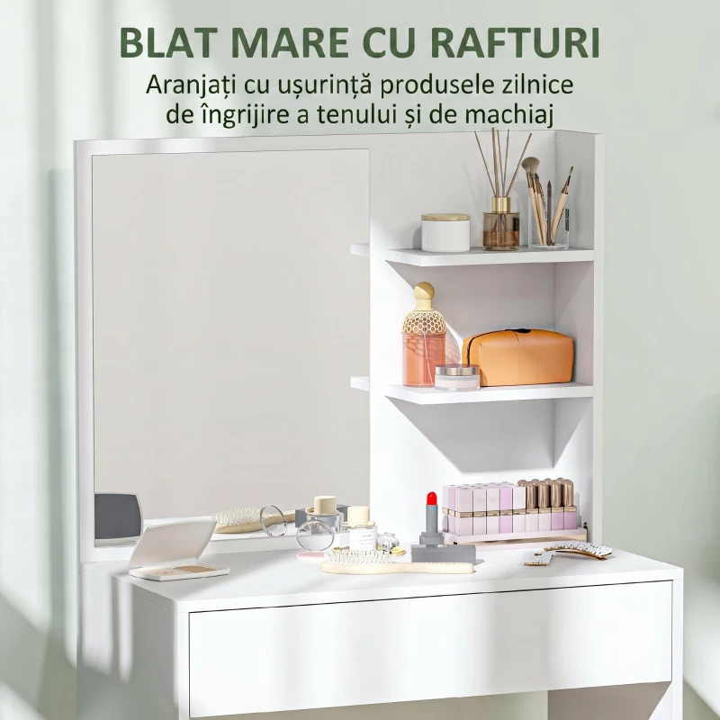 HOMCOM Masă de Machiaj cu Oglindă, 3 Rafturi de Colț și Sertar, din Lemn și Sticlă, 75x40x137 cm, Alb