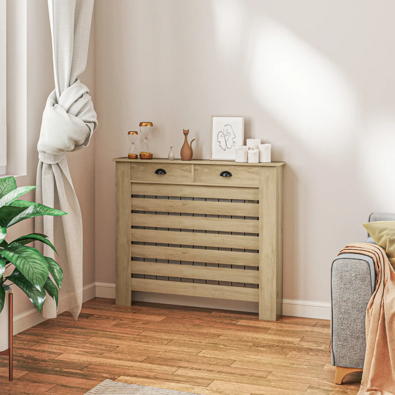 HOMCOM Couvercle de radiateur cache radiateur grille à lattes horizontales avec 2 tiroirs en bois 111l x 19P x 95,5H cm chêne