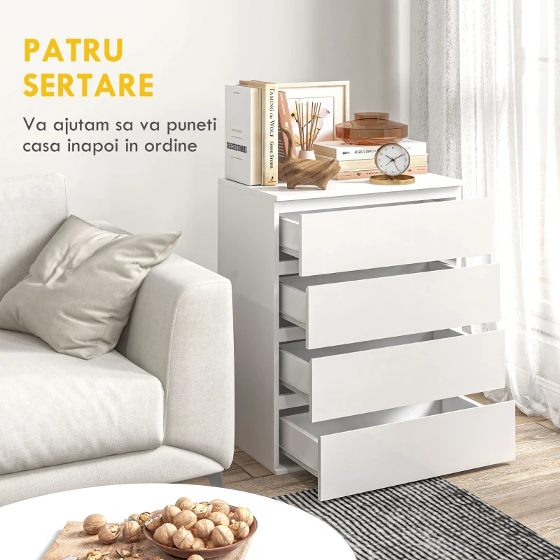 HOMCOM Comodă cu 4 Sertare din PAL cu Șine Metalice și Margini Înclinate, 60x40x80 cm, Alb(m-5)