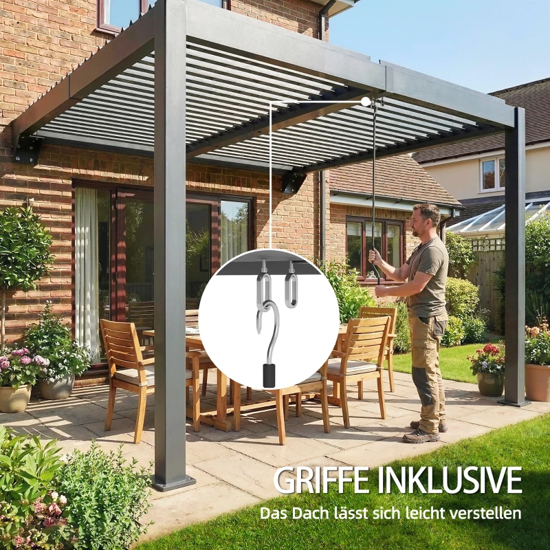 Outsunny Pergola ca. 3x3 m Aluminium Terrassenüberdachung mit verstellbar Lamellendach Wandmontage Dunkelgrau
