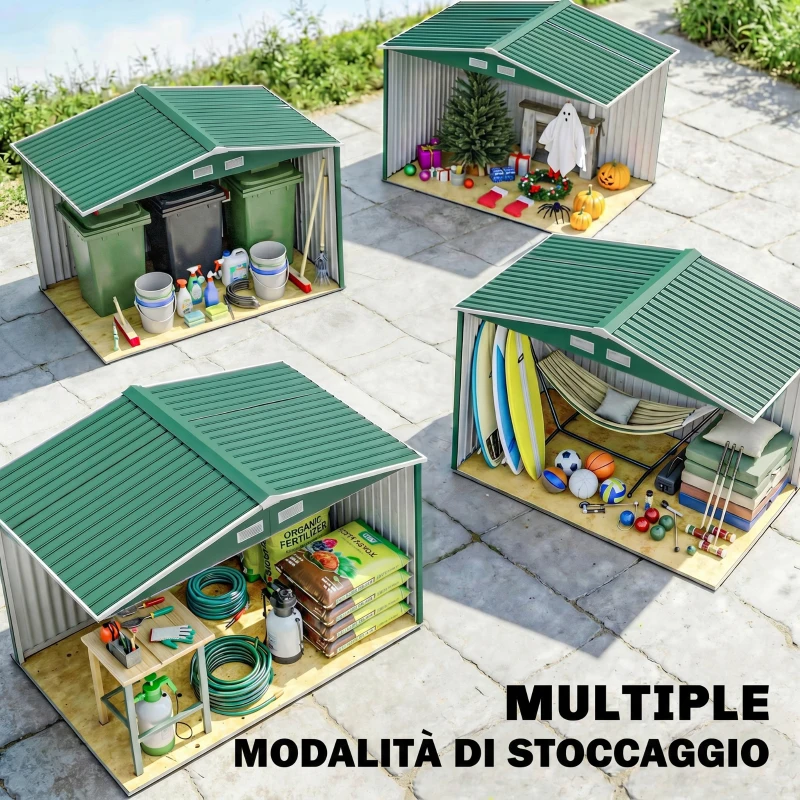 Outsunny Casetta da Giardino 4.9 m² con Fondazione, 4 Prese d'Aria e 2 Porte Scorrevoli, Capanno Porta Attrezzi in Lamiera d'Acciaio, 277x195x192 cm, Verde Scuro
