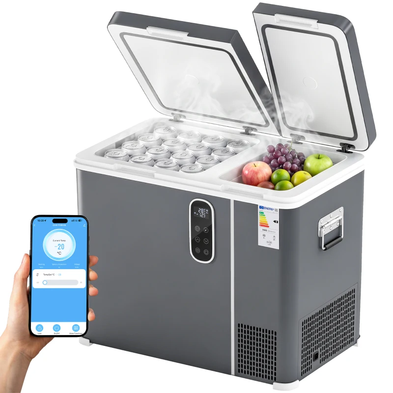 Outsunny 55L Compressor Car Fridge Freezer, Dual Zone Camping Refrigerator with App Control, Grey