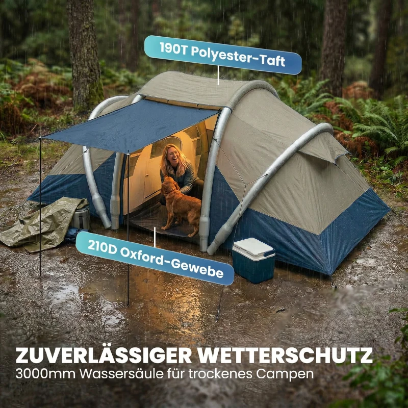 Outsunny Aufblasbares Zelt 4 Personen Schneller Aufbau Outdoor Camping Zelt mit 2 Schlafzimmer Mesh Fenster Vordach