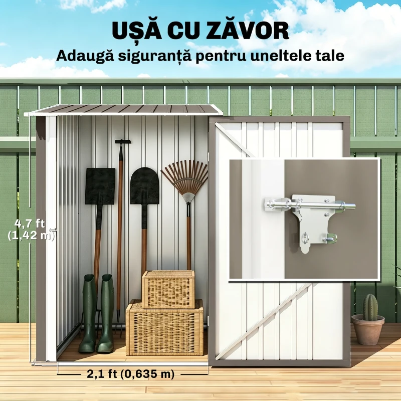 Outsunny Magazie pentru Unelte 0,92m² din Oțel Galvanizat cu Acoperiș Înclinat și Lacăt, 100x103x160 cm, Maro