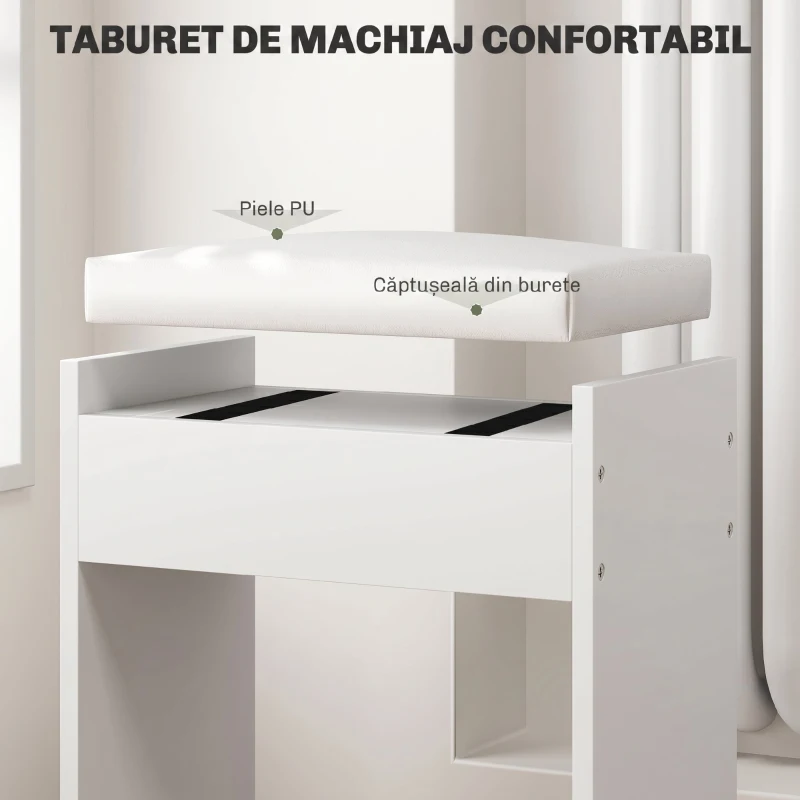 HOMCOM Set Masă de Toaletă cu Oglindă și 5 Sertare 97,2x44,5x136,5 cm și Taburet Căptușit 40x24x46 cm, Alb
