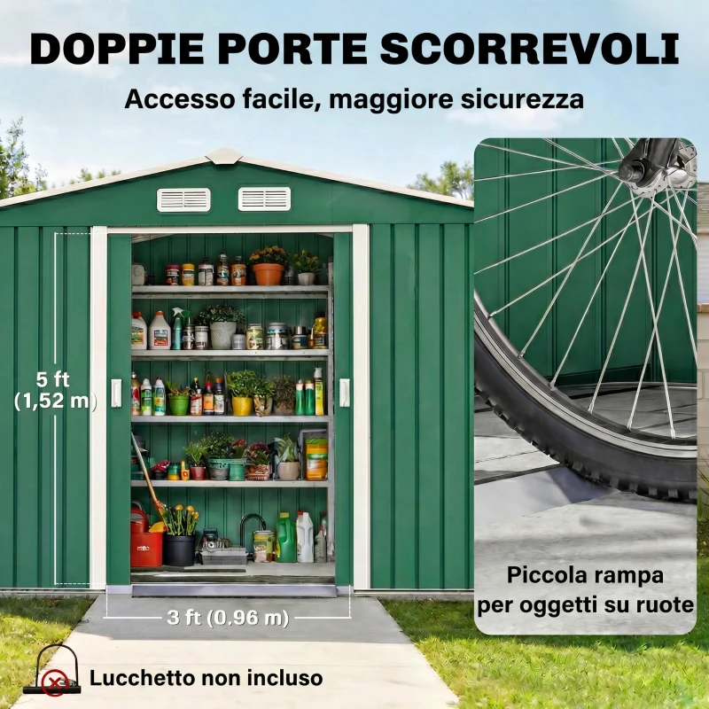 Outsunny Casetta da Giardino 4.9 m² con Fondazione, 4 Prese d'Aria e 2 Porte Scorrevoli, Capanno Porta Attrezzi in Lamiera d'Acciaio, 277x195x192 cm, Verde Scuro