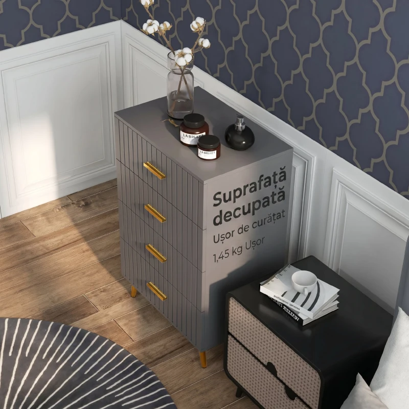 HOMCOM Comodă modernă cu 4 sertare din lemn și aluminiu, 60x40x90 cm, auriu și gri închis
