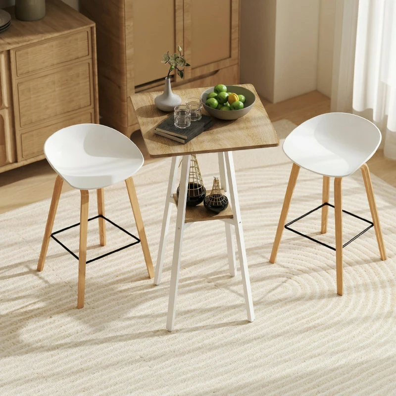 HOMCOM Table de bar carrée pour 2 personnes, table haute cuisine mange-debout avec étagère, 55 x 55 x 95 cm, naturel et blanc