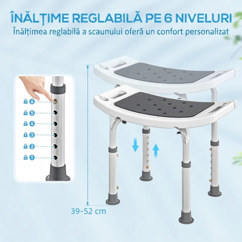 HOMCOM Scaun de Duș din Aluminiu și Plastic Antialunecare, Înălțime Reglabilă 6 Niveluri 39-52cm, Gri