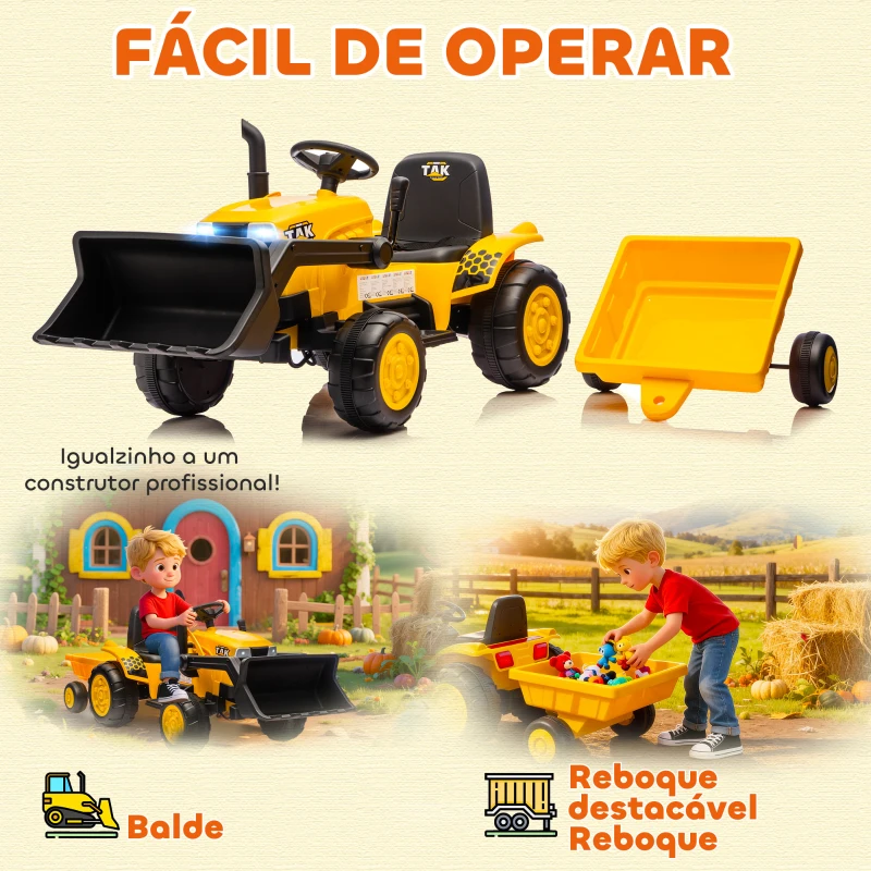 AIYAPLAY Trator Elétrico para Crianças com Reboque e Pá 12V Motor Duplo Luzes Música Conexão Sem Fios USB 146x58x58,5 cm Amarelo