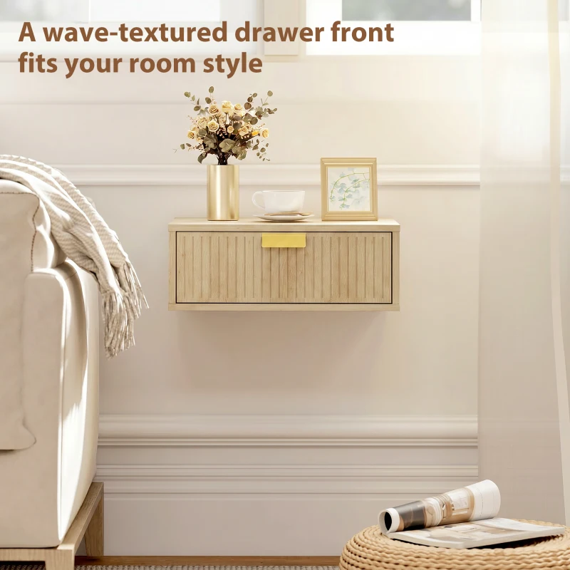 HOMCOM Modern Floating Nightstands Set of 2, Wall Mounted Bedside Tables with Wave Drawer Oak