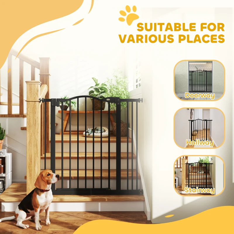 PawHut Cancelletto per Cani Estensibile con 2 Blocchi e Chiusura Automatica, in Metallo e Plastica, 74-87x78 cm, Nero