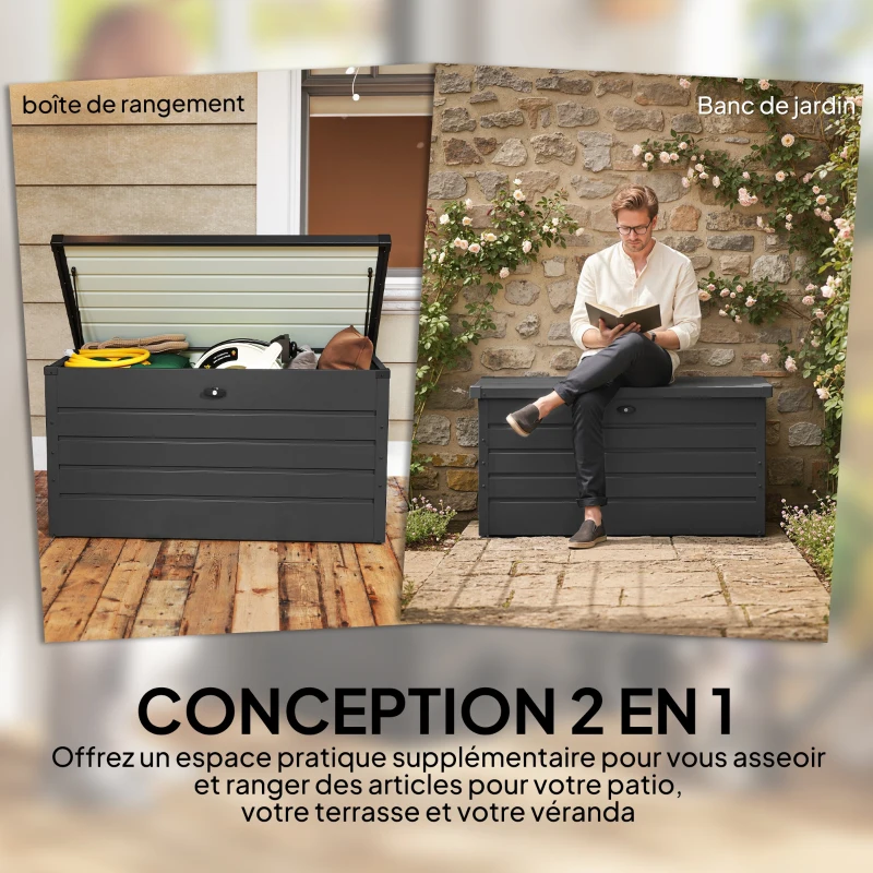 Outsunny Coffre de rangement exterieur XXL 311L coffre de jardin acier galvanisé verrouillable vérin à gaz 120x62x62cm gris foncé