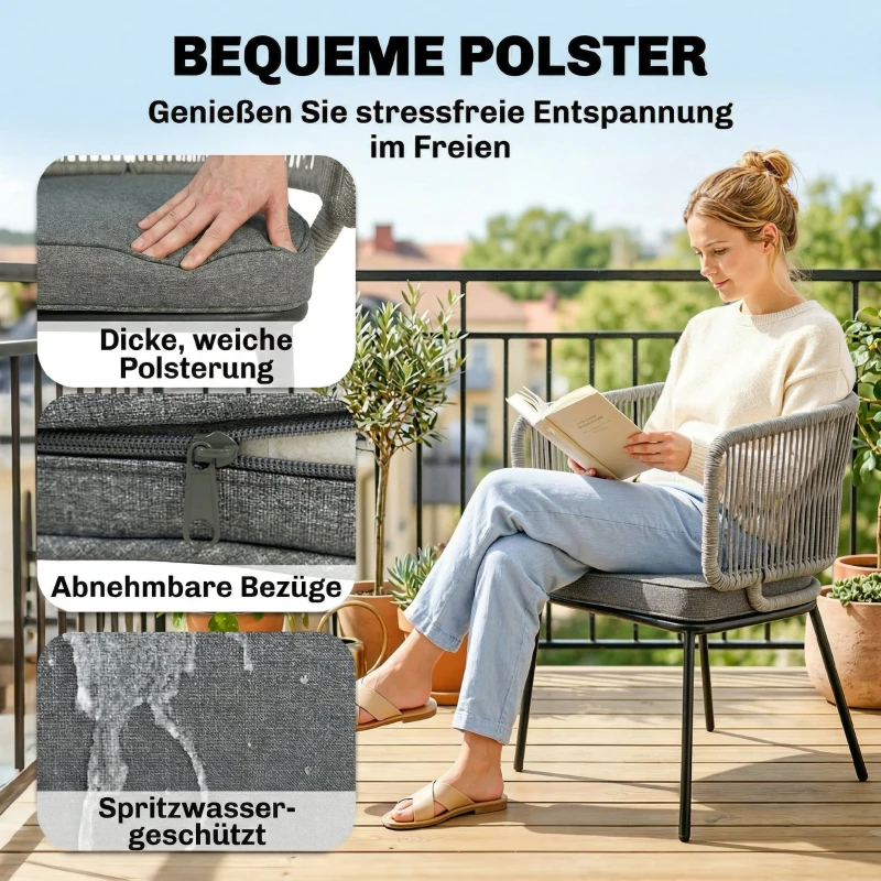 Outsunny Gartenstühle 2 Stück Polyrattan Gartensessel mit waschbar Kissen Verstellbare Füße Stahlrahmen, UV-beständig