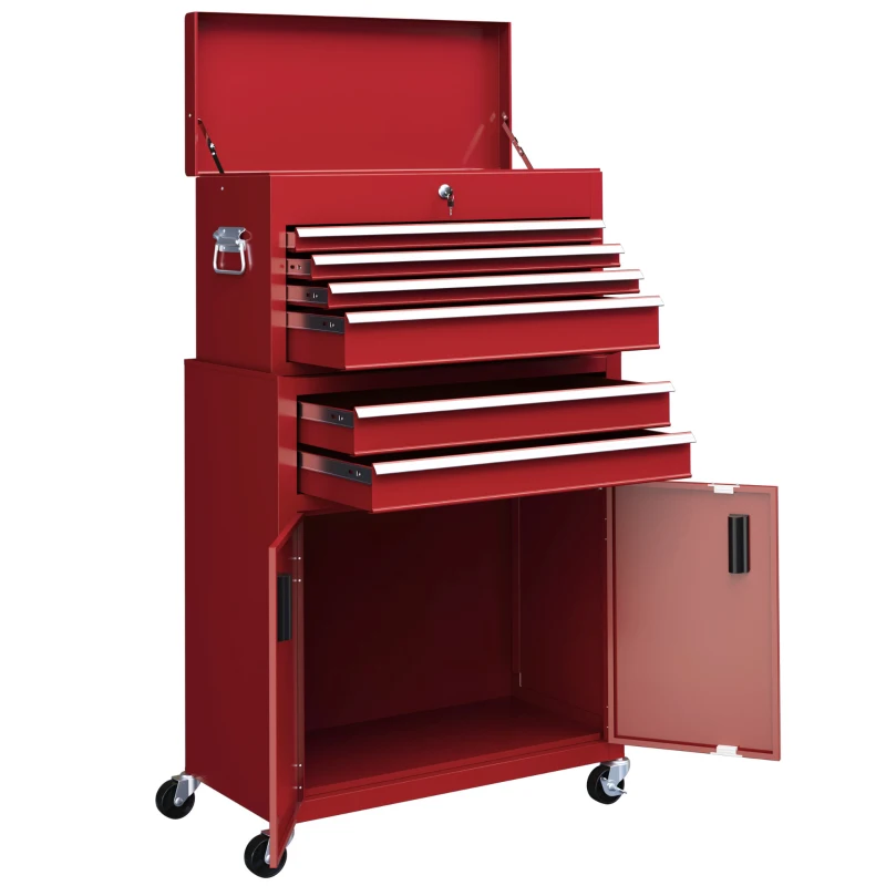 HOMCOM Portable Tool Box, Metal Tool Chest on Wheels with 6 Drawers for Garage and Workshop, Red