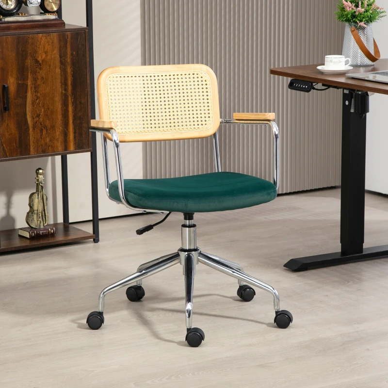 HOMCOM Bureaustoel in Boho-Ontwerp, Houten Armleuningen, Draaibaar, Verstelbaar, Tot 120 kg, Staal, Groen