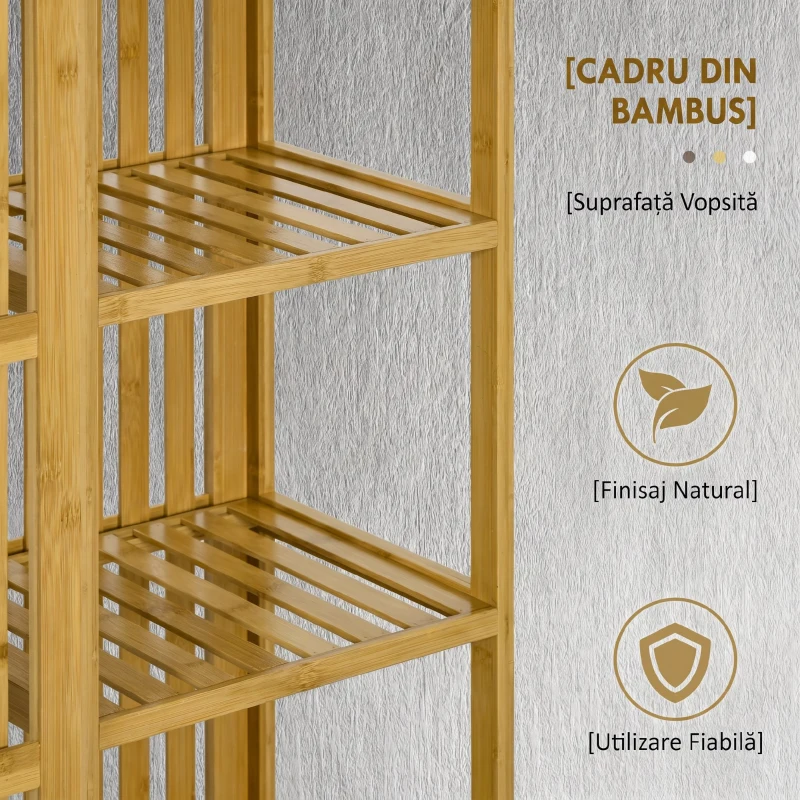 HOMCOM Dulap Deschis din Bambus cu 2 Uși Glisante, Rafturi Deschise și Bară pentru Umerașe, 145x35x165cm