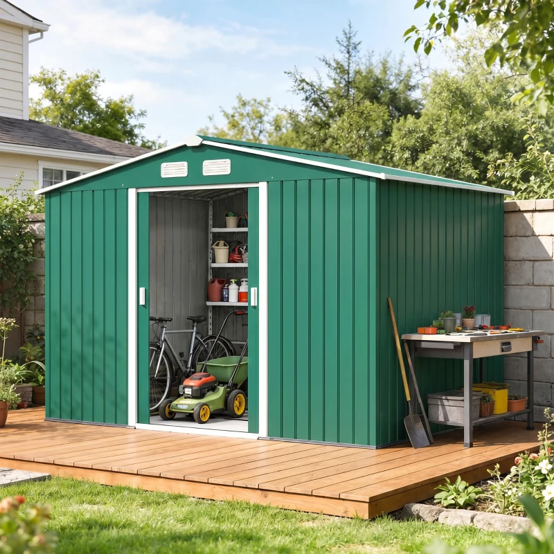 Outsunny Casetta da Giardino 4.9 m² con Fondazione, 4 Prese d'Aria e 2 Porte Scorrevoli, Capanno Porta Attrezzi in Lamiera d'Acciaio, 277x195x192 cm, Verde Scuro