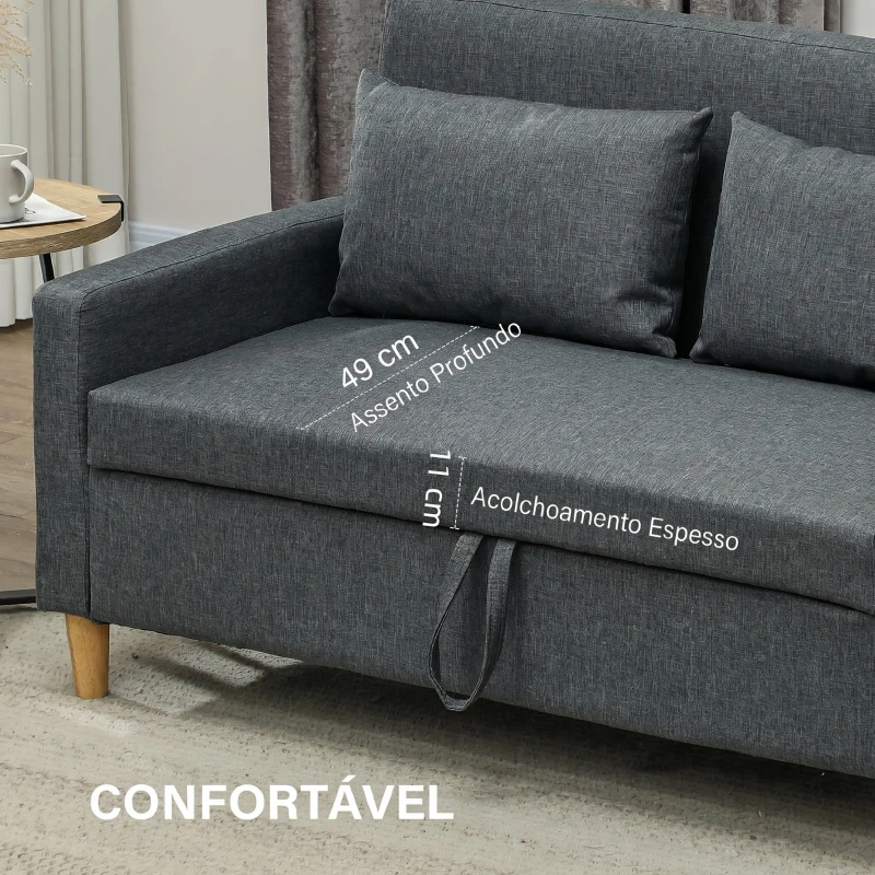 HOMCOM Sofá 2 Lugares Estofado em Linho Sintético com 2 Almofadas Espaço de Armazenamento Bolsos Laterais 135x71x84 cm Cinza Escuro