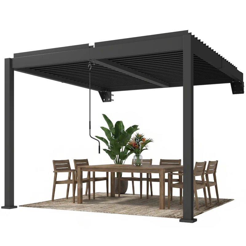 Outsunny Pergola ca. 3x3 m Aluminium Terrassenüberdachung mit verstellbar Lamellendach Wandmontage Dunkelgrau