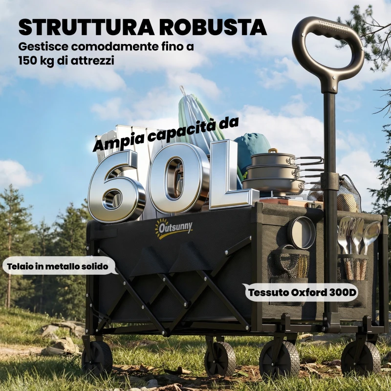 Outsunny Carrello da Giardino Pieghevole da 60L con Ruote e Lato Apribile, Nero