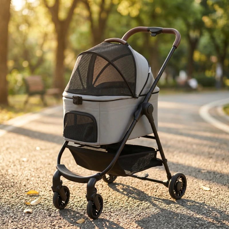 PawHut Dog Stroller, 3 in 1 Foldable Pet Stroller for Small Puppy Cat with Detachable Travel Carrier, Storage Basket, Grey