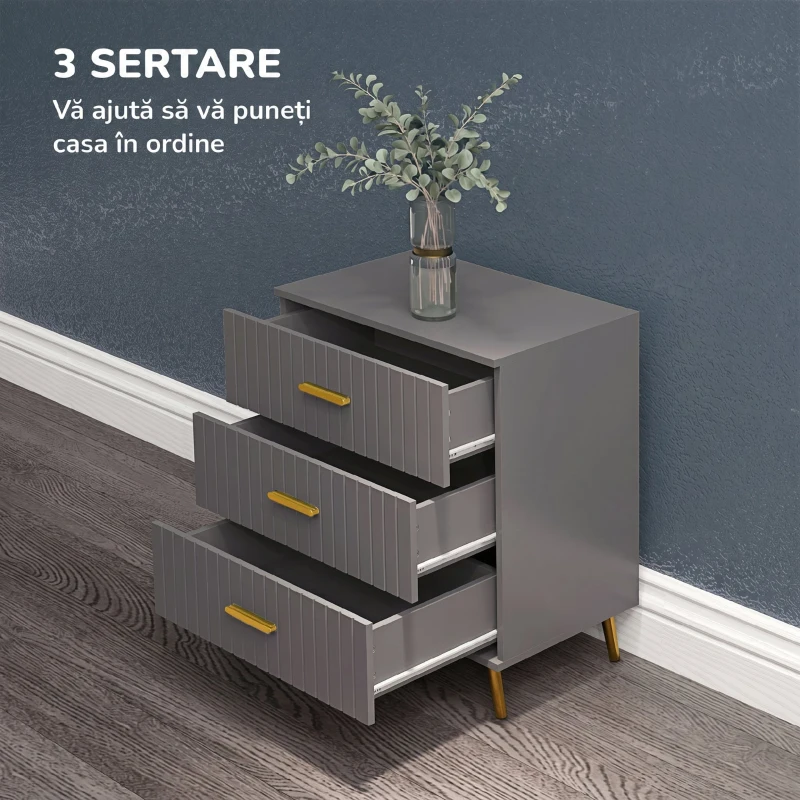 HOMCOM Comodă modernă cu 3 sertare din lemn și aluminiu, 60x40x71,5 cm, auriu și gri închis