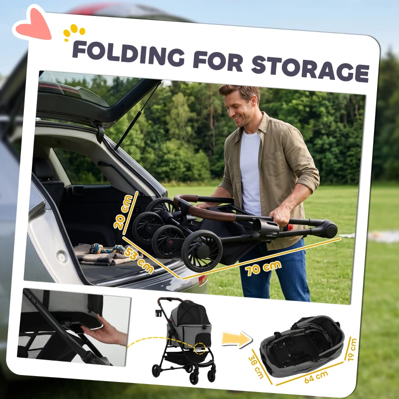 PawHut Dog Stroller, 3 in 1 Foldable Pet Stroller for Small Puppy Cat with Detachable Travel Carrier, Storage Basket, Grey